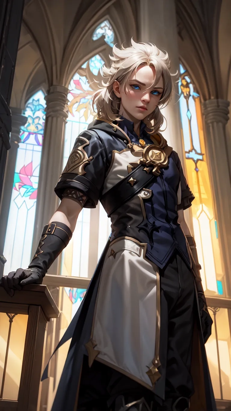 a woman dressed in a blue and white uniform is posing in a church with stained glass windows behind her and two swords in her hand outstretched arm
