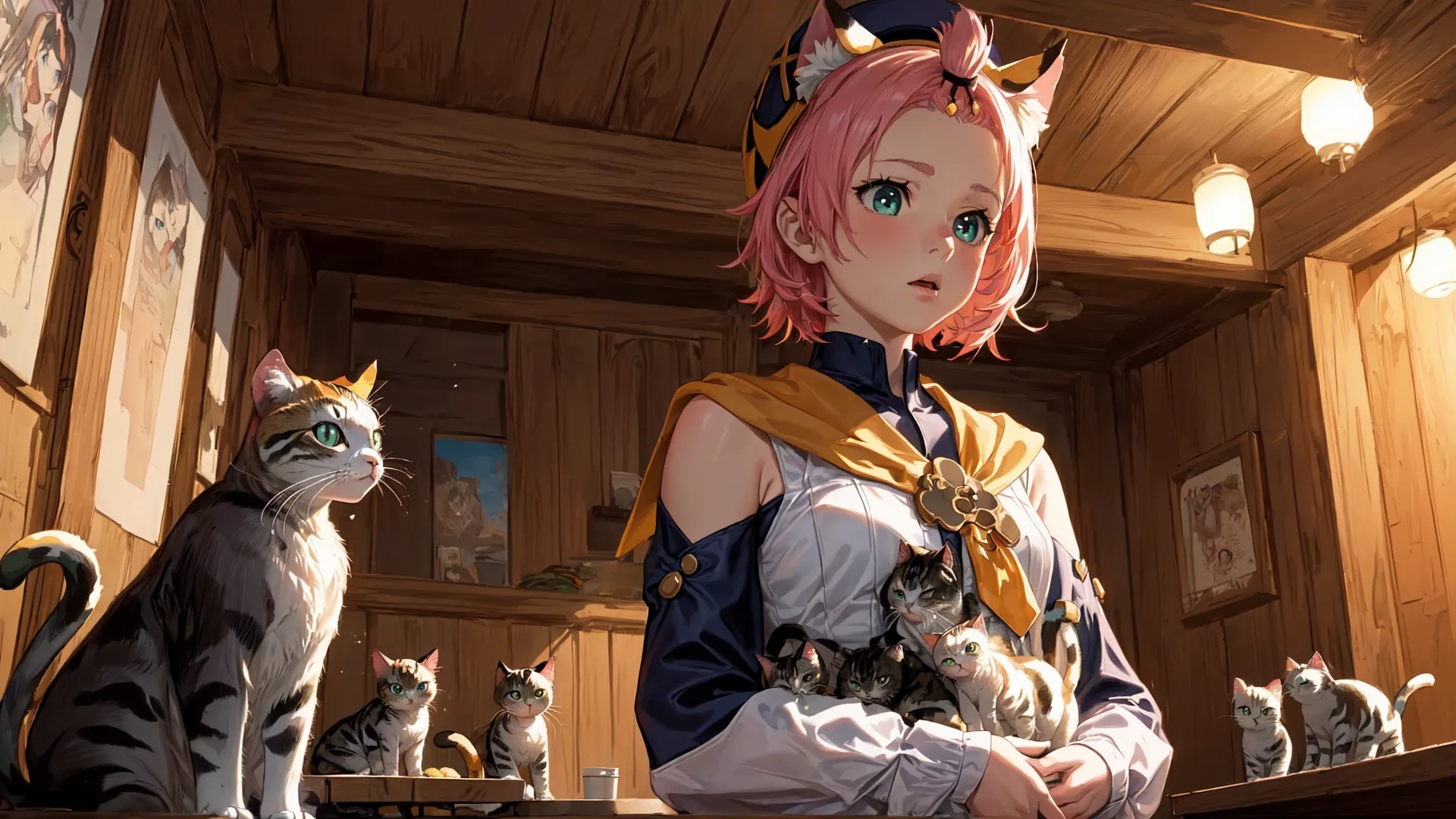 a anime girl with her hands on the lap of a cat while sitting next to them in a wooden room with several kitty figures on a shelf nearby area
