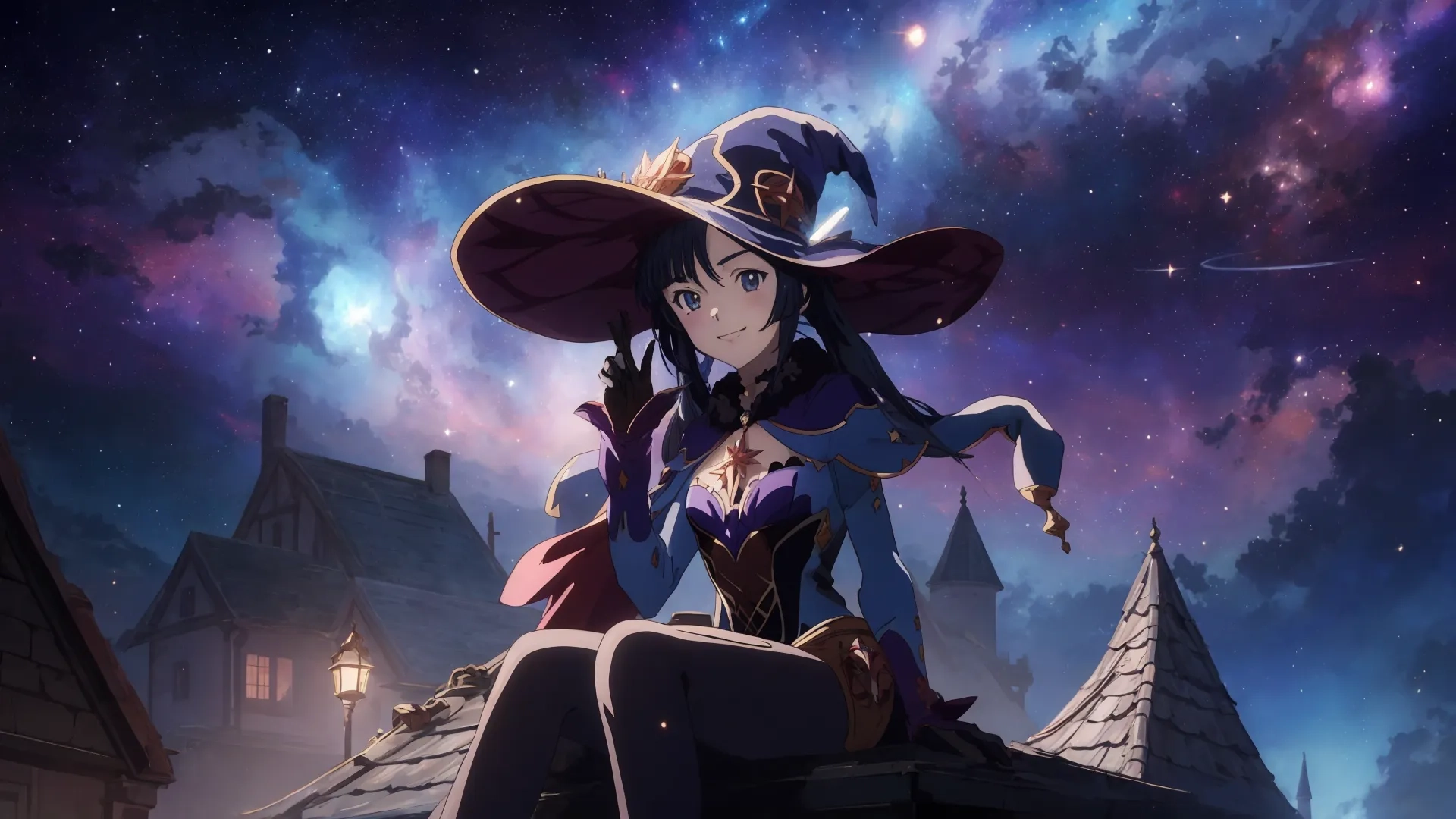 anime girl dressed like witch in a purple cloak standing on top of a building with a town in the background at night and stars falling from behind her
