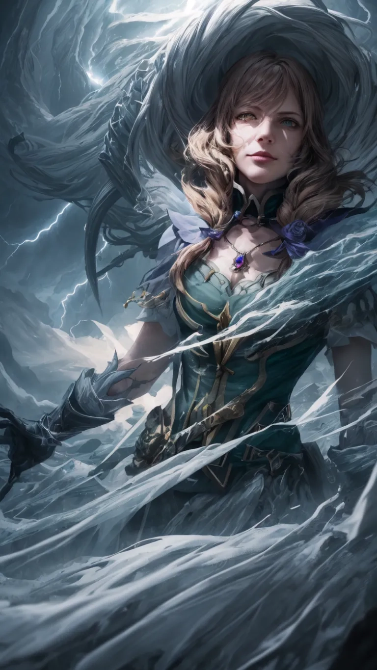woman dressed in blue holding a sword and standing on the rocks in a storm of chains with clouds all around her head and hands together, also hands on
