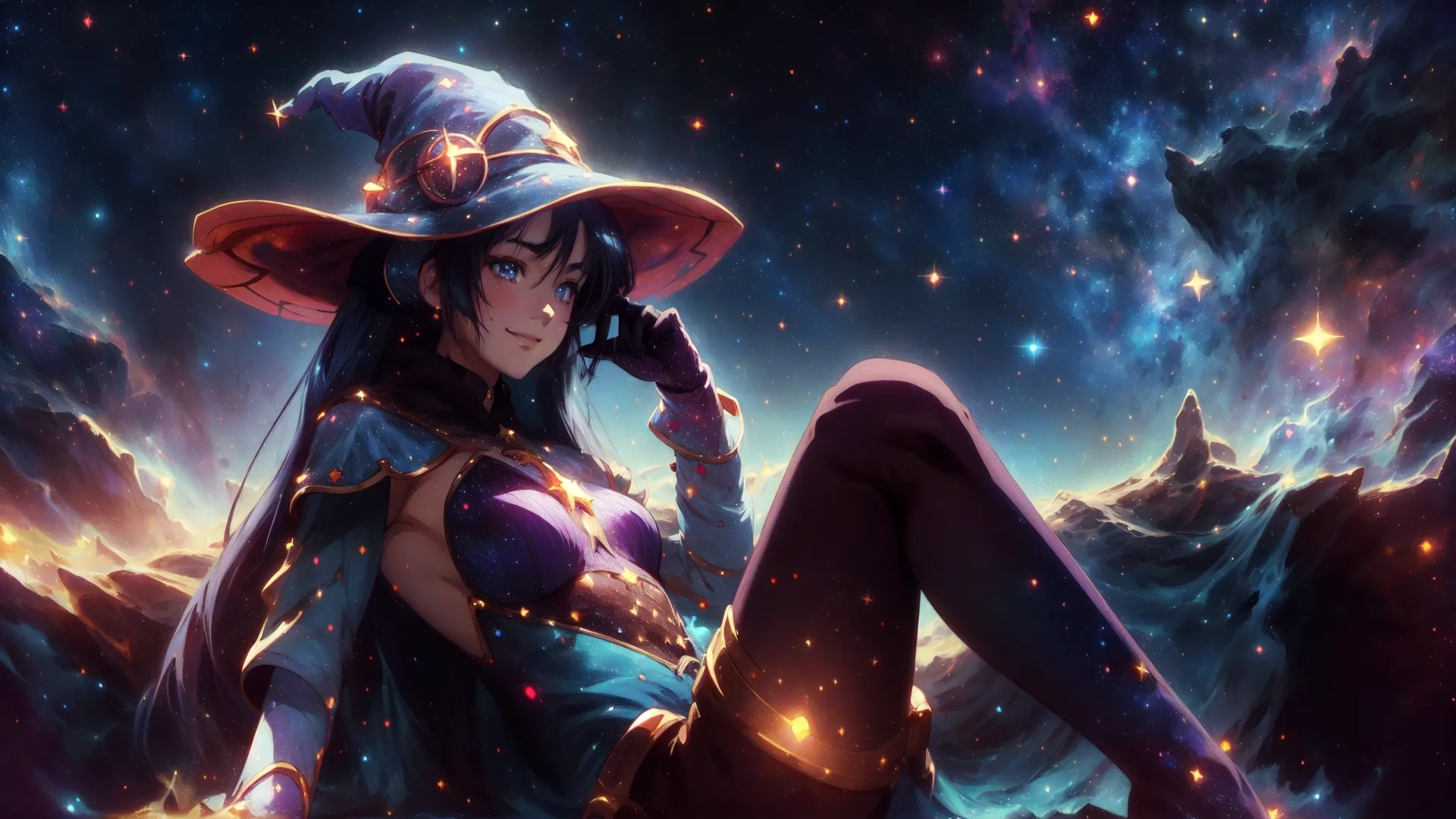 a woman in a witches hat is sitting down and talking on the phone while smoking some something in the background of a mountain, with fire flares
