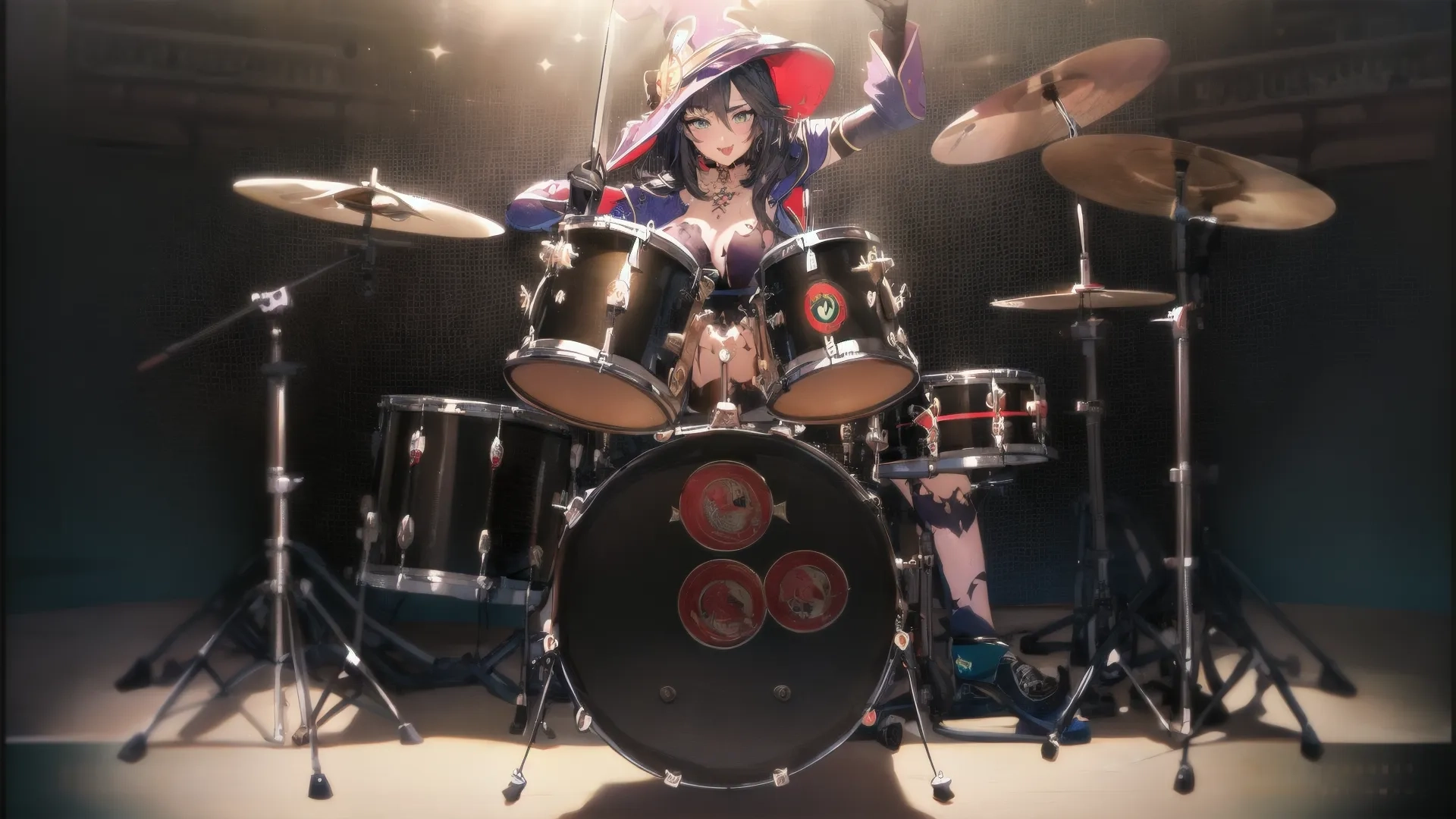 a young asian woman on her drums set with lights above her head and two drums behind her, in a studio setting, in front of drum equipment
