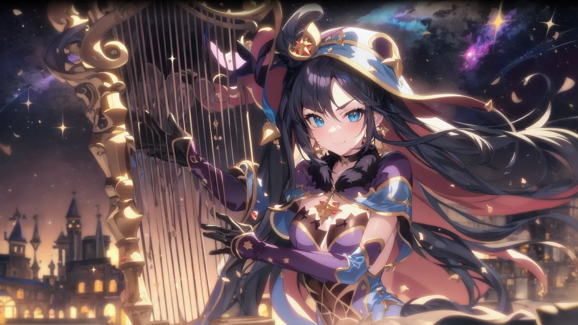 an anime woman standing near buildings in front of the city lights and moon behind her is a microphone with her baton open she is also wearing a black hair
