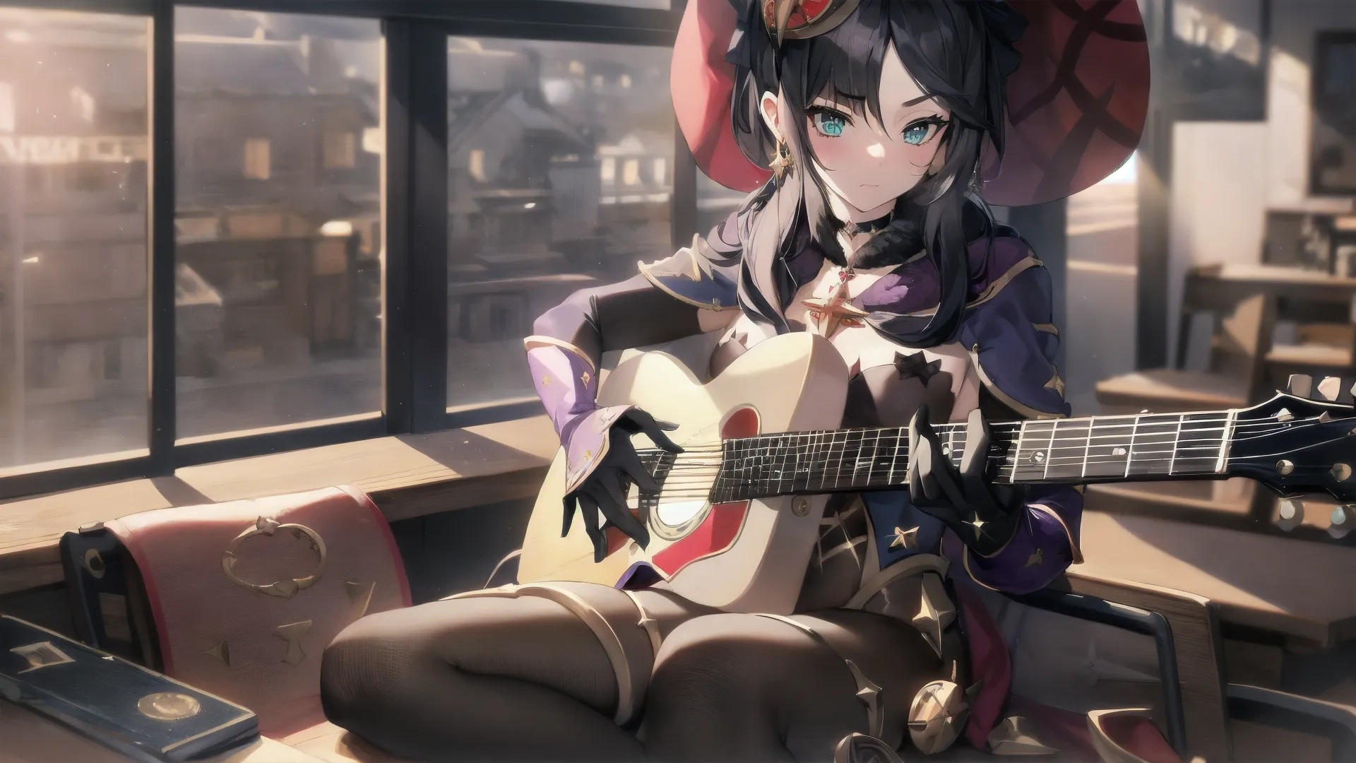 a cartoon picture of an anime girl sitting on a desk and playing a guitar in a room with lots of windows and some furnitures behind her
