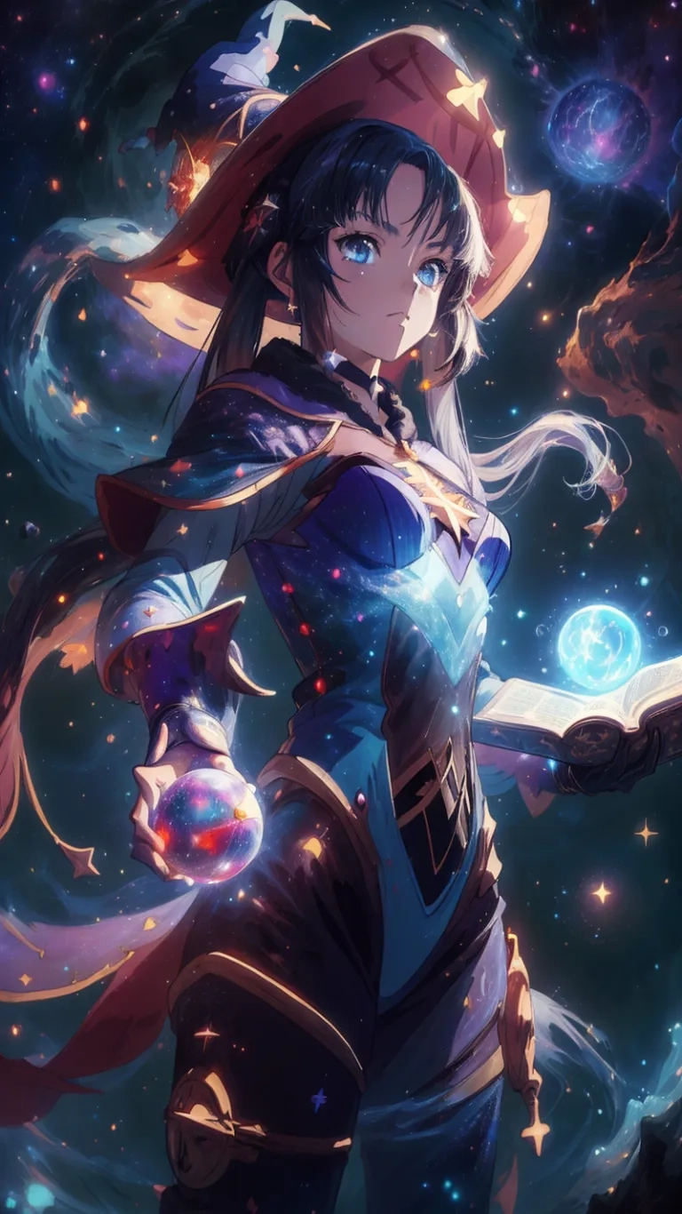 an anime girl dressed in an elegant outfit with hat and gloves on her head holding a magic ball in hands while staring into the future light of the
