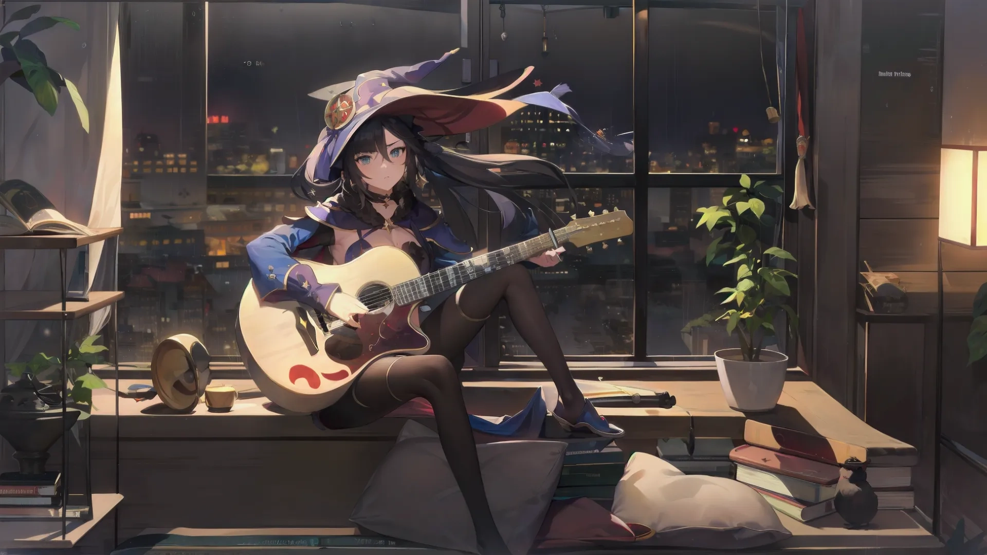 anime girl playing guitar in a sunny city setting at night with clock face on wall and desk desk behind her, beside plant and bookshelveske
