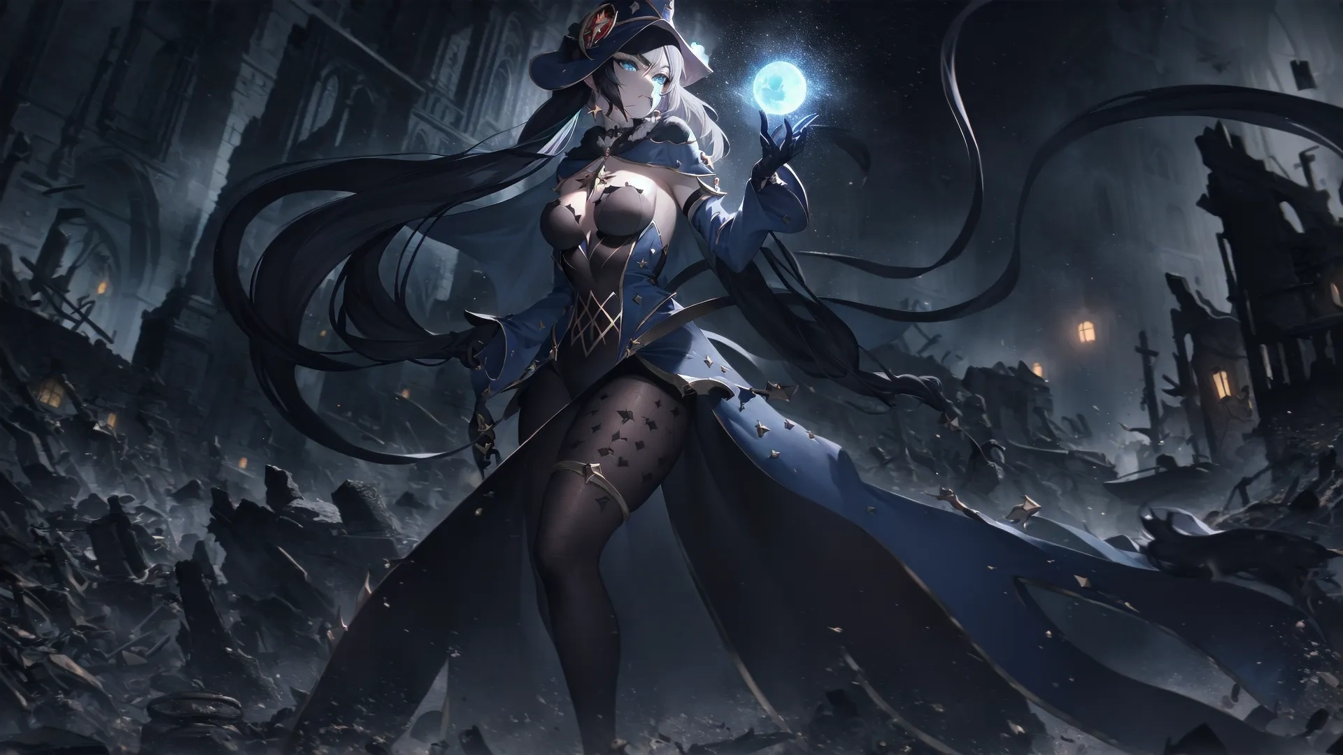 bloodstaaver wallpaper in an evil world, and her caped holding a glowing flame ball is standing among an icy city with dark buildings
