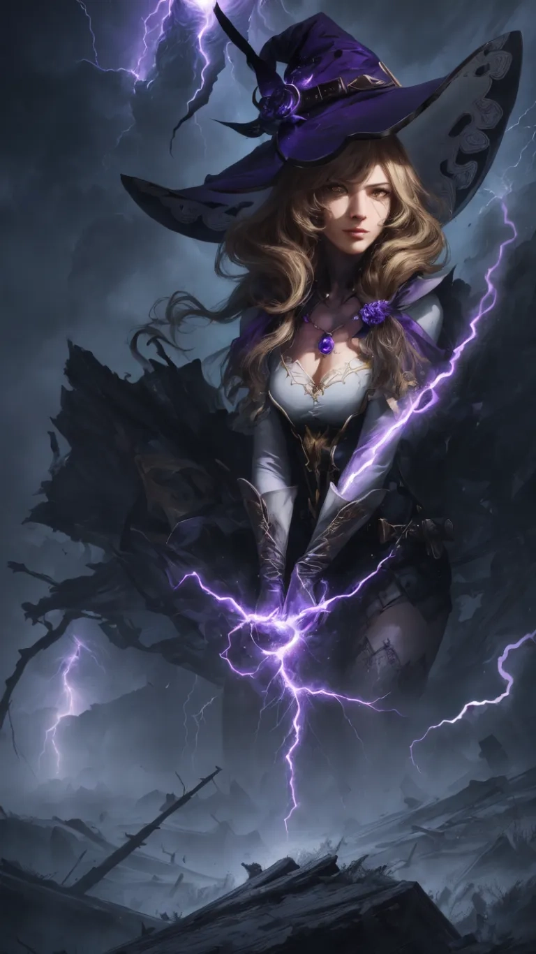 a woman dressed as a witch surrounded by lightning in a dark room with her hair flowing down and her hat up, and flying through the air
