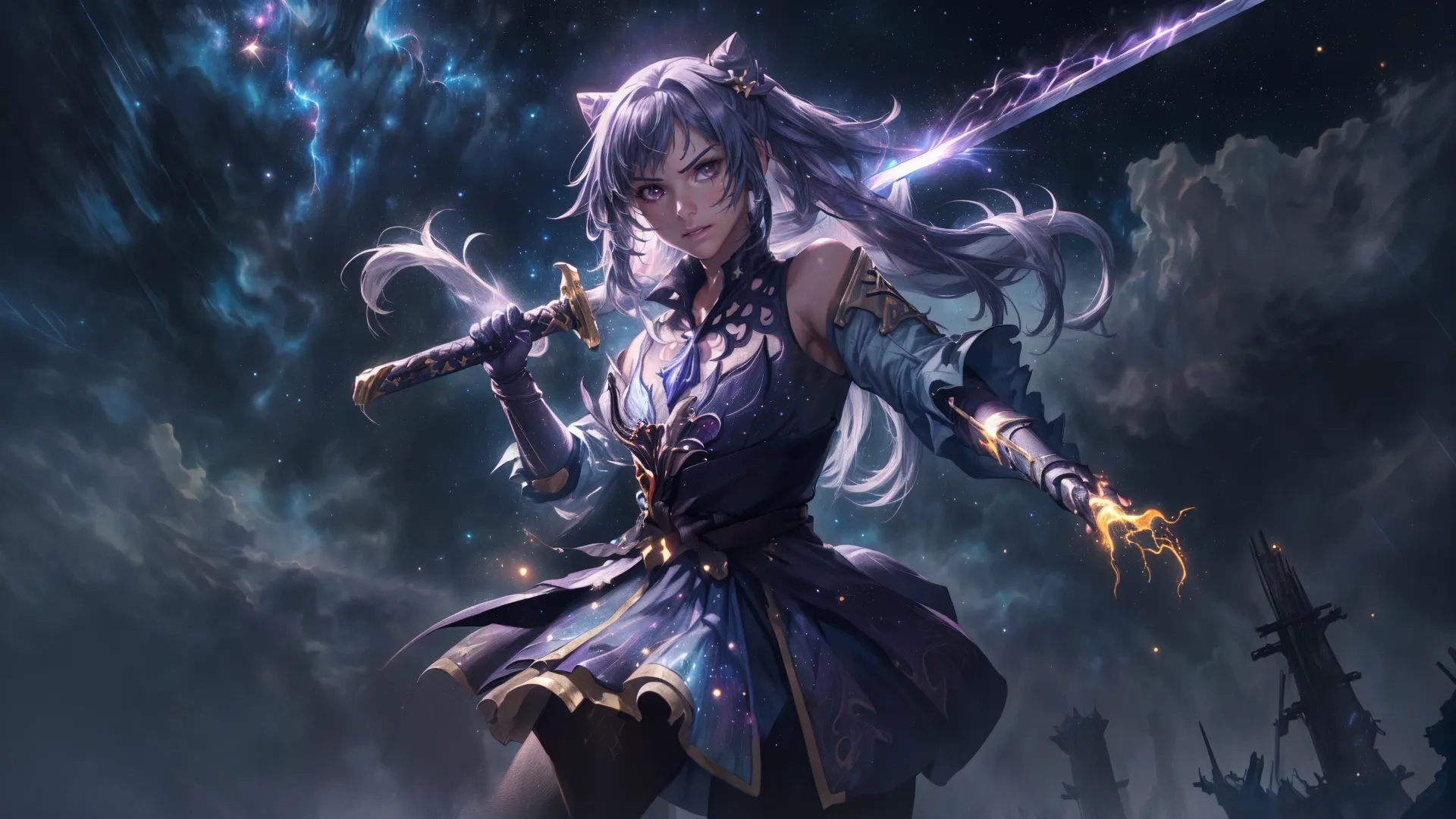 an anime character in armor holding two swords with a dark field full of trees and a black background behind her, glowing lights in the sky behind her
