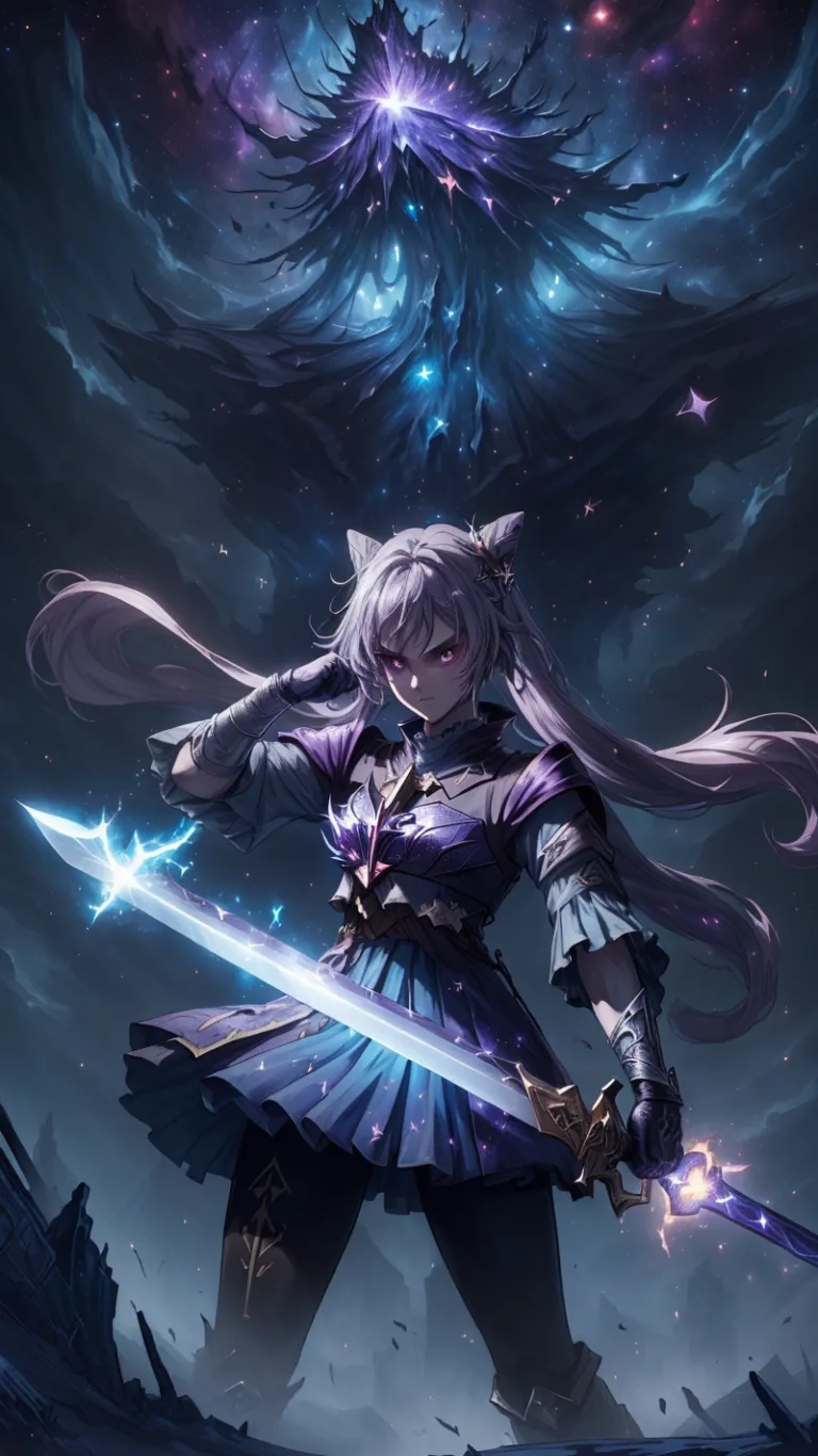 a woman with two swords standing next to an alien creature and holding an evil dragon above her head, while it's in the air, on a purple sky
