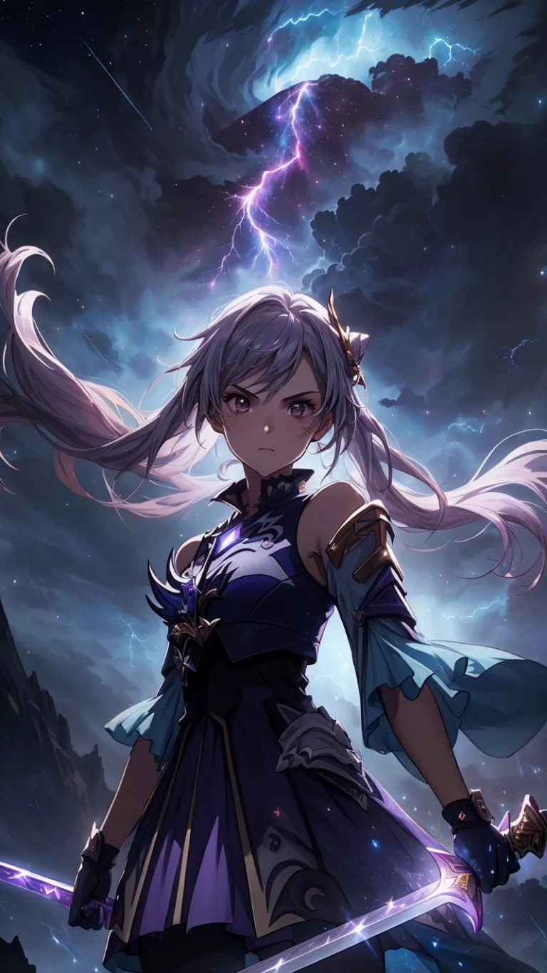 fate break wallpaper anime style with armor holding two swords in her right hand and lightning trail trailing behind a woman behind her in the top halfed
