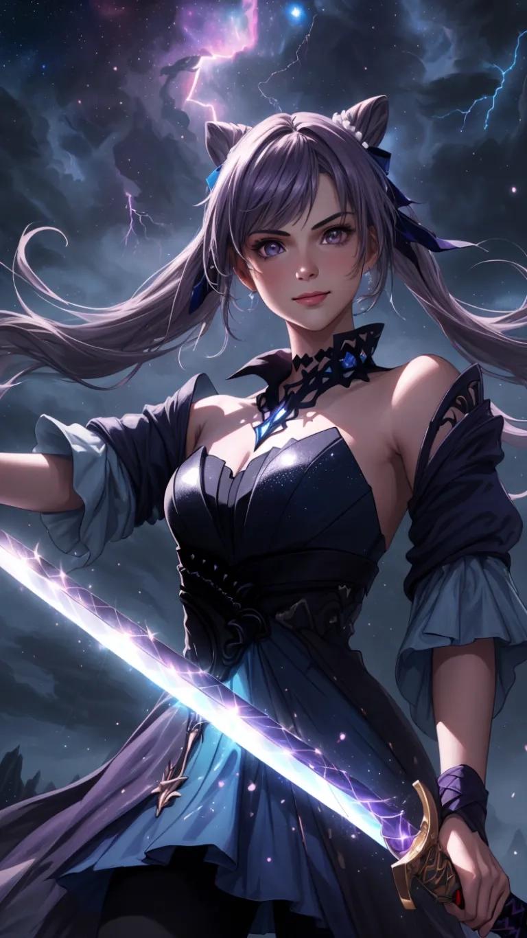 an anime character dressed in clothes and holding an sword in her hand with lightning in the background, dark colors all over her shoulders and hair and in various
