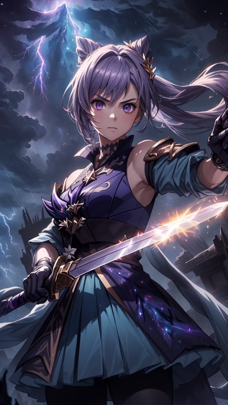 a woman and a sword surrounded by lightnings and cloud trails, in a scene from tales of glory wallpaper, the title is also available
