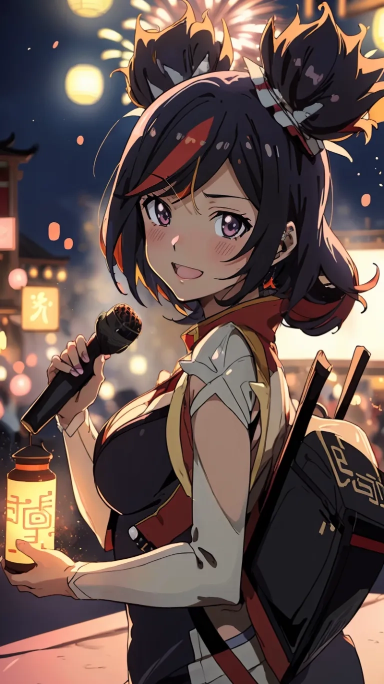 this is an image of a girl in front of fireworks in the background at night city square with lantern lights, she looks like a catty
