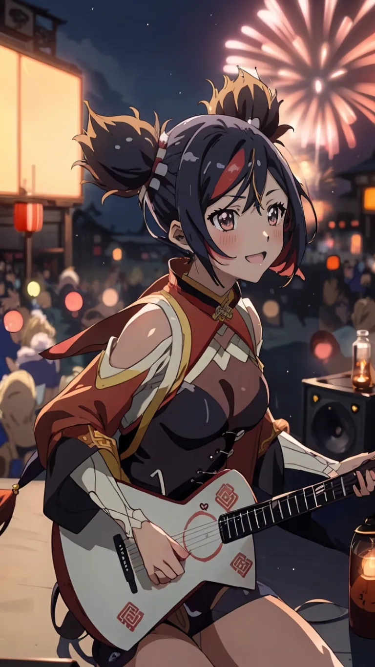 two young anime performers are playing guitars at a festival and people are watching them in the background and fireworks is in the background and an open air
