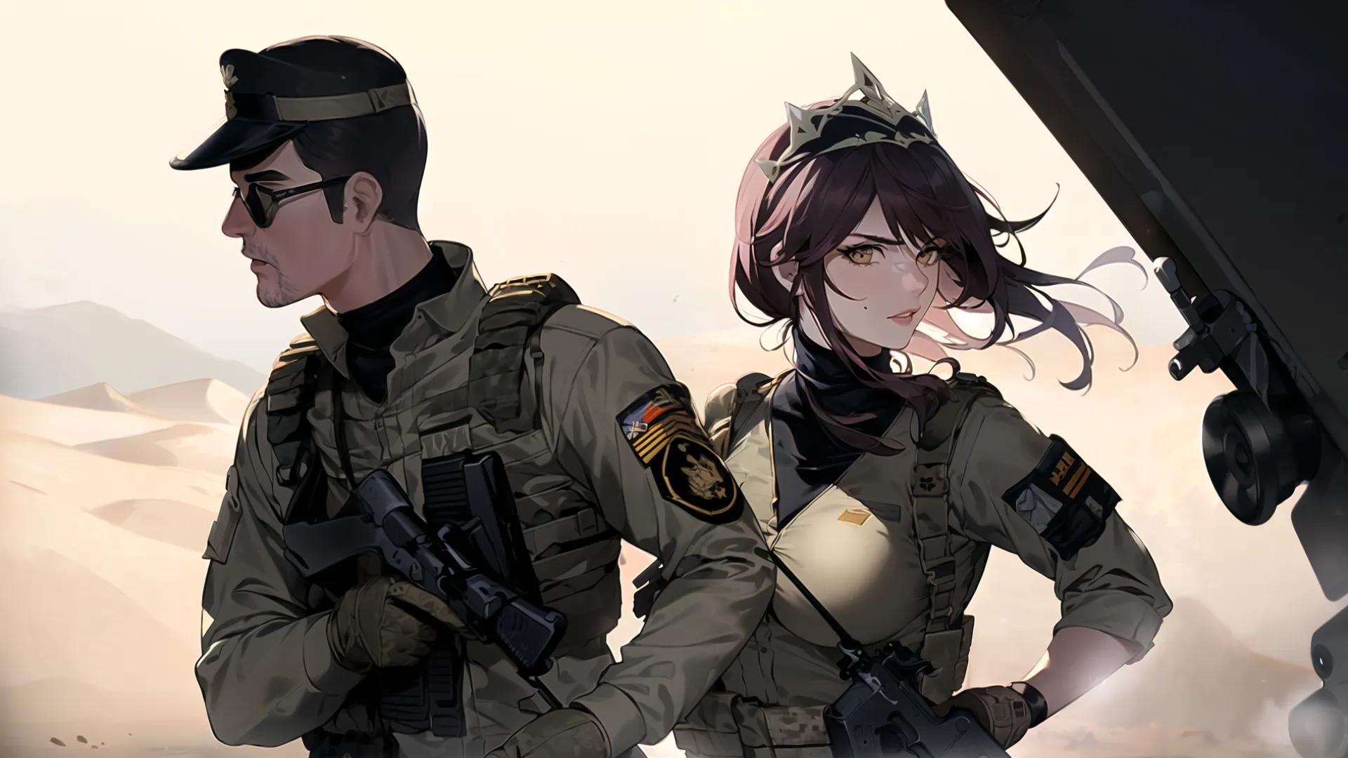 a couple of anime characters standing next to each other and holding guns and weapon bags with desert in background, with light and cloudy sky in the background
