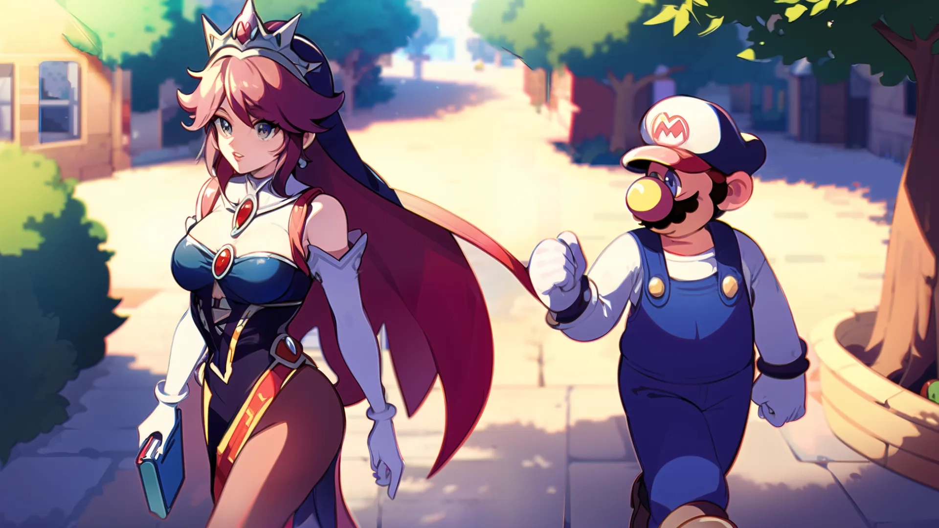 two anime characters being seen coming away from the town side street with their hats on and they are dressed very casual and dressed like mario bros versions
