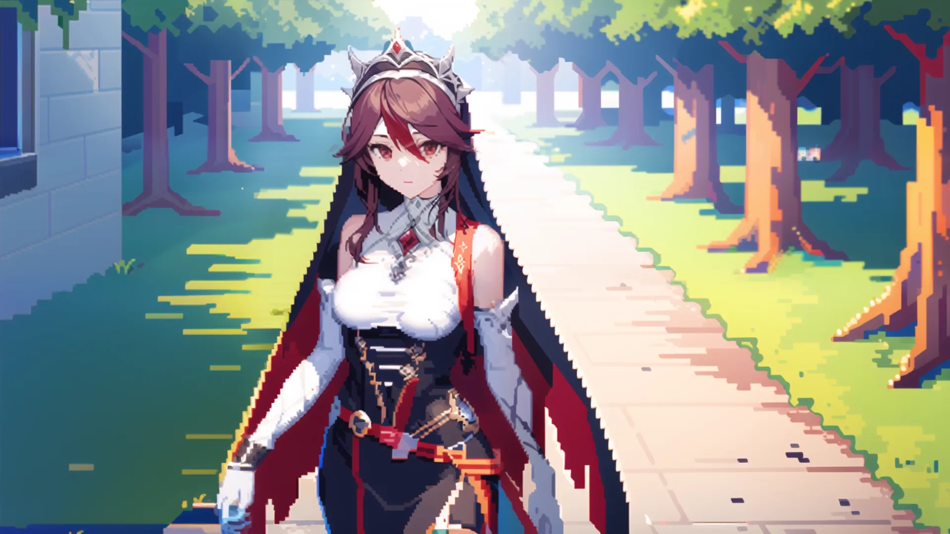 woman in white dress with sword walks on grass next to tree walk way in anime game style area, stylized image and screen shot from camera and pixel art

