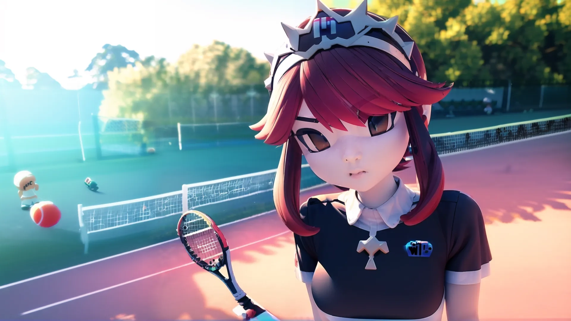 animated picture of anime character playing tennis on court with ball in air and net in background, and woman is wearing tennis outfit holding racquet
