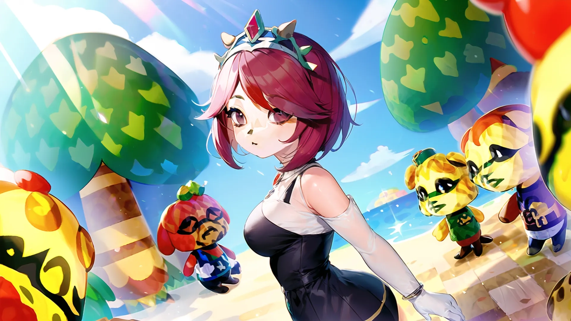 an anime girl posing in front of a cartoon style background as she stands between two cute stuffed animals and trees in the background with other characters behind
