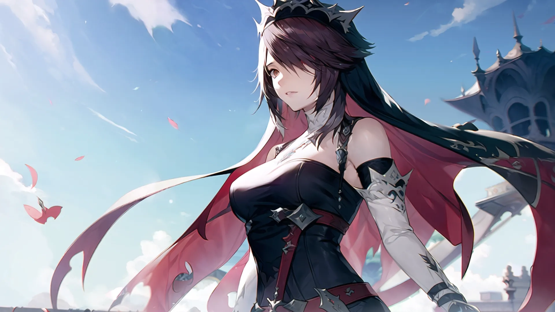 a pretty girl standing next to a castle in the sky with some red and white wings over her head on top of her stomach, and shoulder
