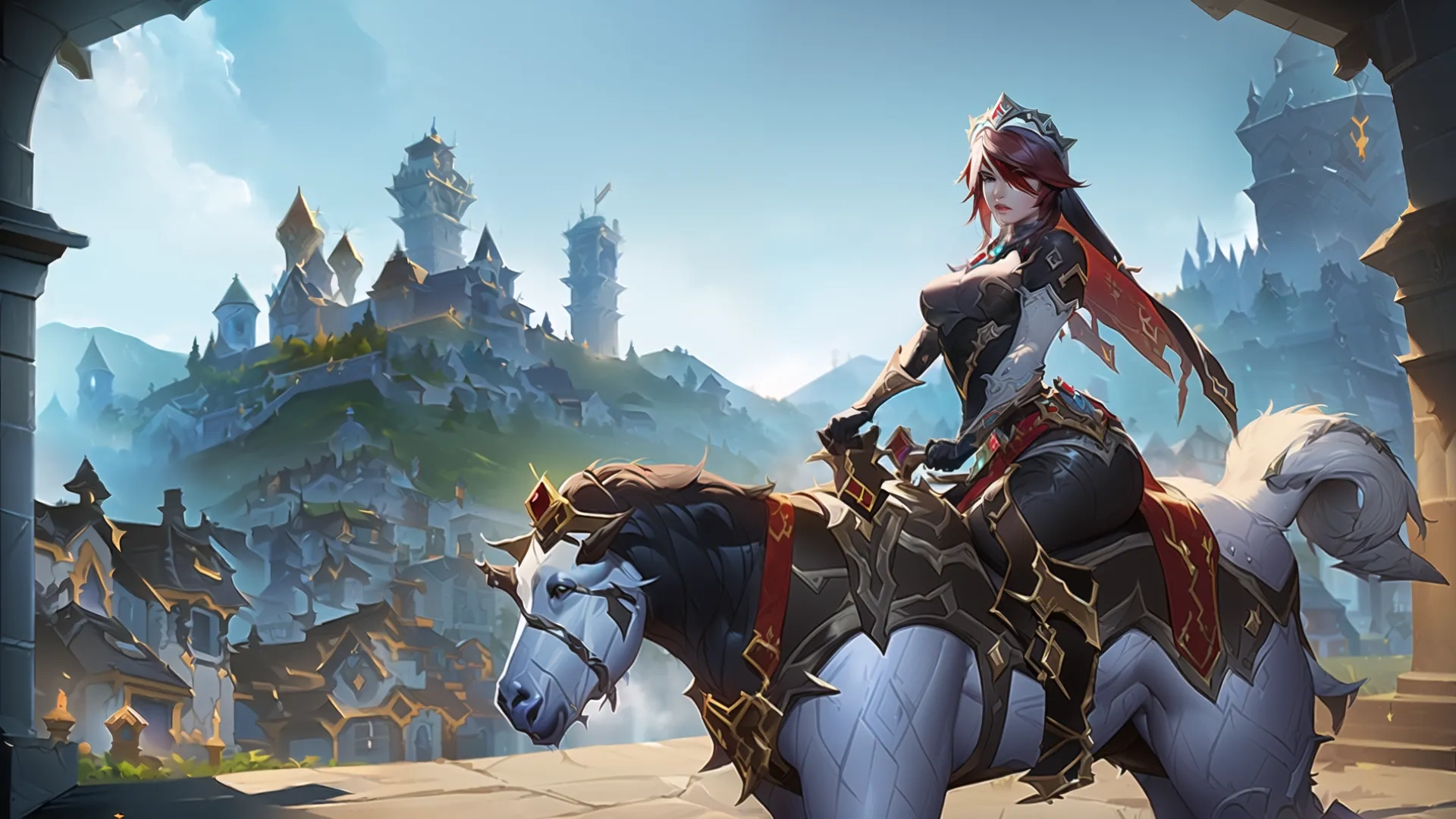 the character rides on her horse through a narrow arch in a fantasy world with many buildings and castles behind her's walls and columns are also ruins
