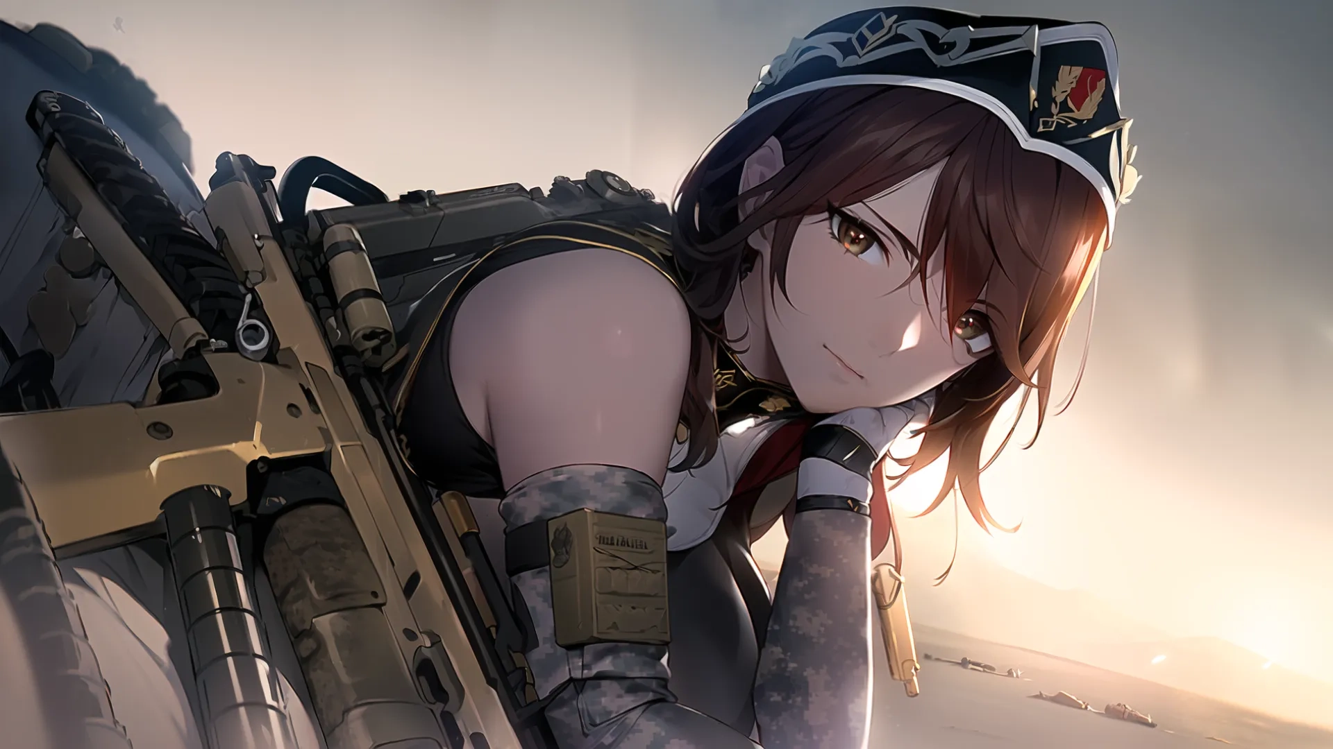 an anime girl wearing a military uniform kneeling down with a rifle behind her back with a beautiful sky background and a setting sun in the back ground
