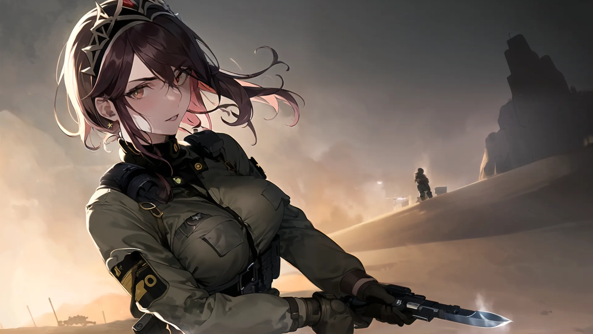 an army girl with two knives in her hand and looking down in a snowy field with mountains behind her and dusty clouds in the sky behind her
