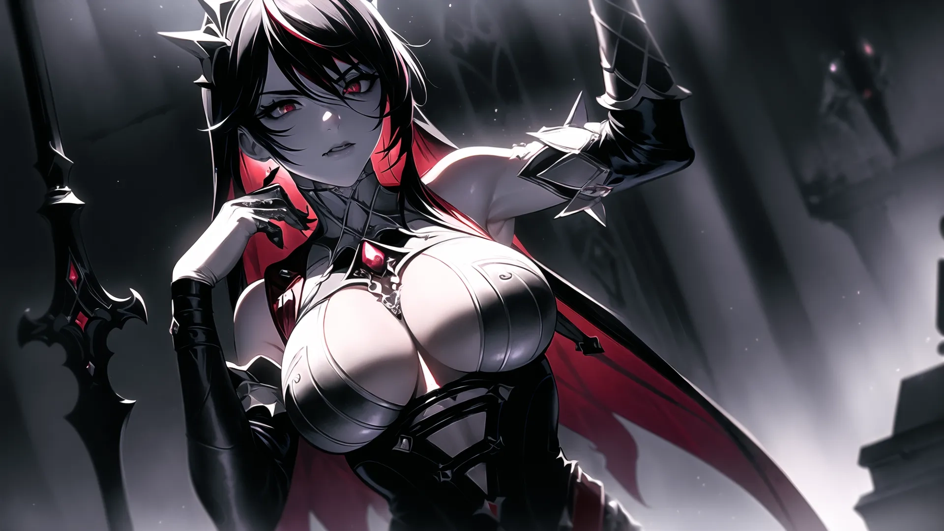 a female vampire is standing in the dark with her sword under her arm and another demon stands near her face with his cape up on his shoulder
