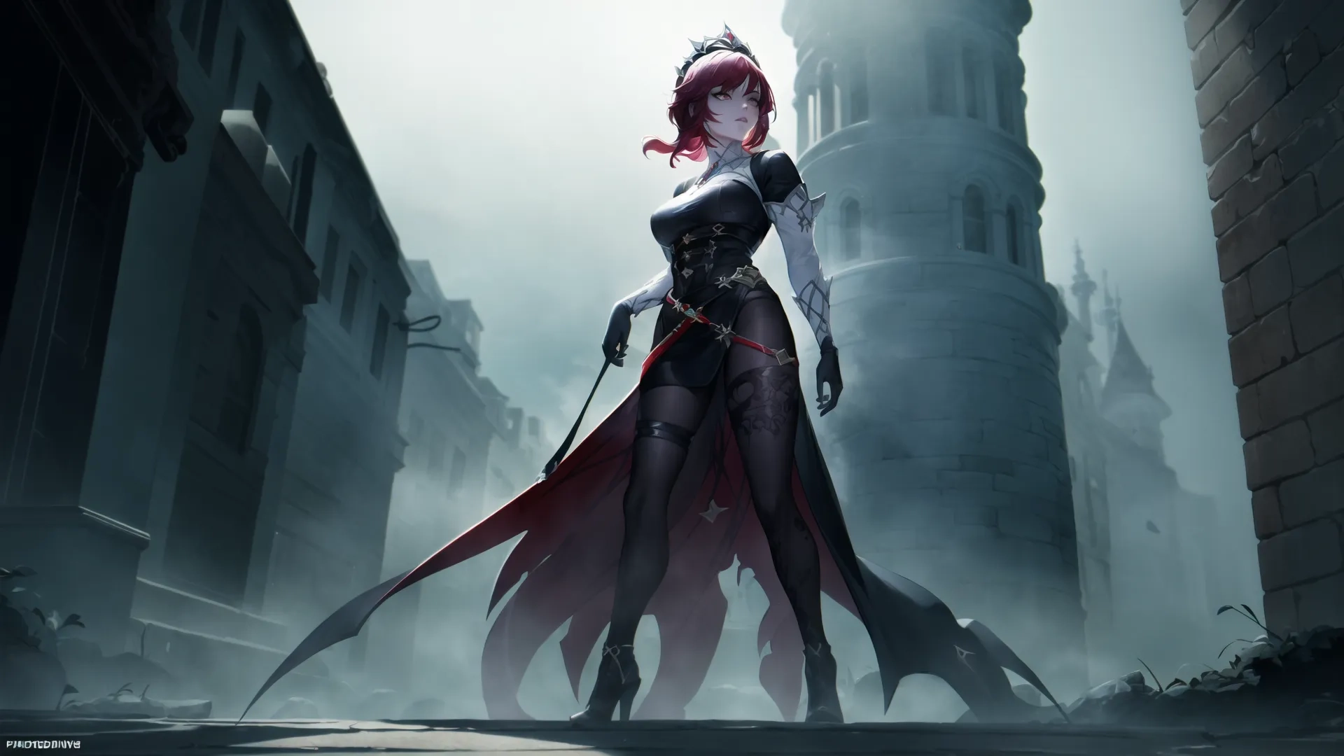 an elf woman dressed in black walking down a street while holding two swords in one hand and another walking away from a tower behind her with city
