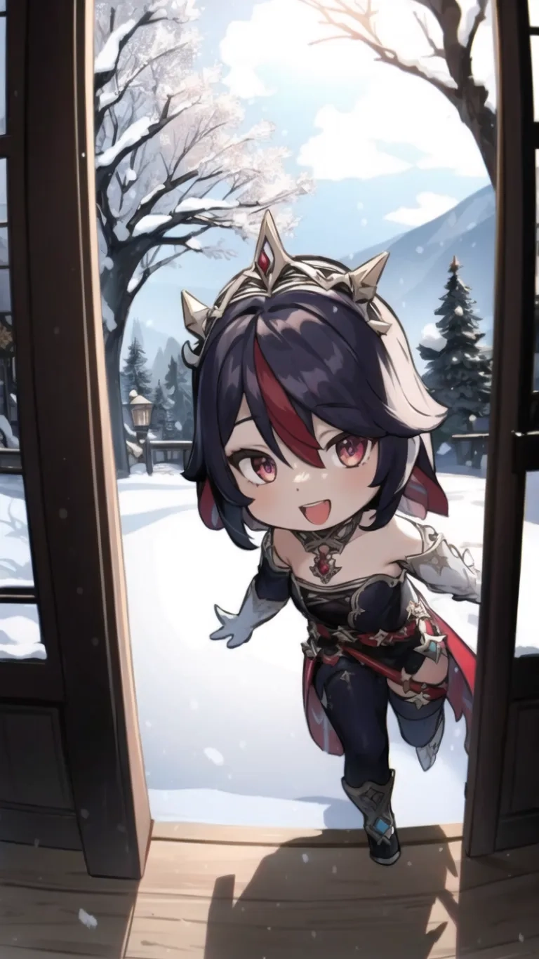 a anime character is in the doorway that is all very clear after a fight with her sword, holding a snow blade as she prepares to her
