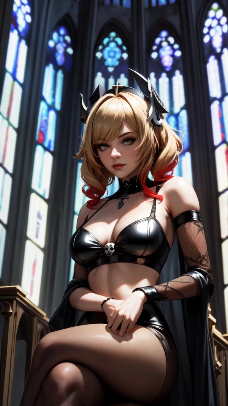 a lady wearing batman clothes and leather panties sitting in front of stained glass windows next to a wooden chair with black stockings and red gloves and a corsels
