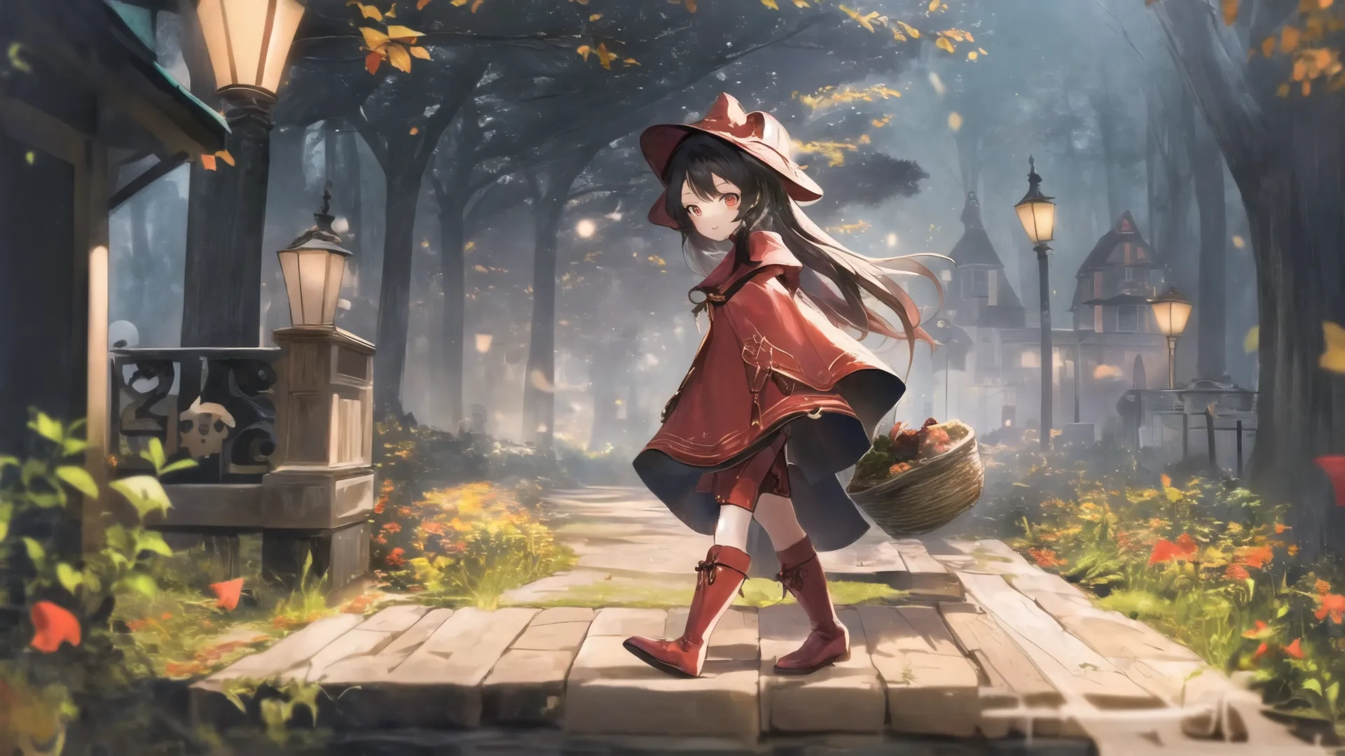 a girl in a halloween costume on a brick pathway and buildings in the background with leaves in the foreground and lanterns and flowers around her head
