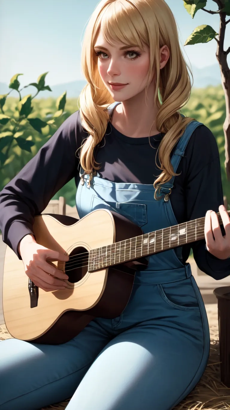 a woman with blonde hair plays a guitar in the field of trees behind her is blue dungghall denim overalls and knee high heel boots
