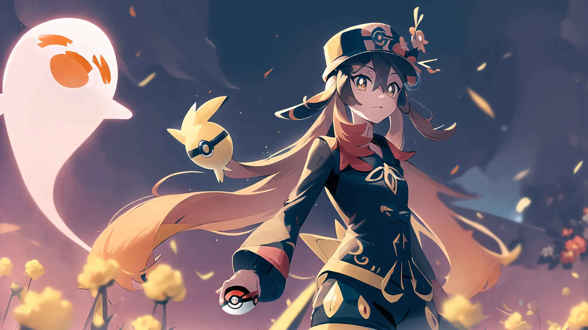 a woman in her costume holding several pokemon figures in her hands in flowers, at dusk with the sun behind her and a ghost floating orange glowing

