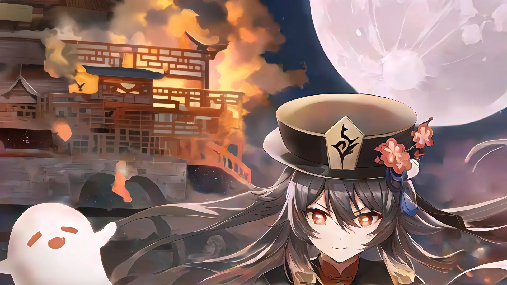 a girl is sitting down with dark hair and a white shirt on her head wearing a hat and surrounded by flames and ghost like objects in the night time
