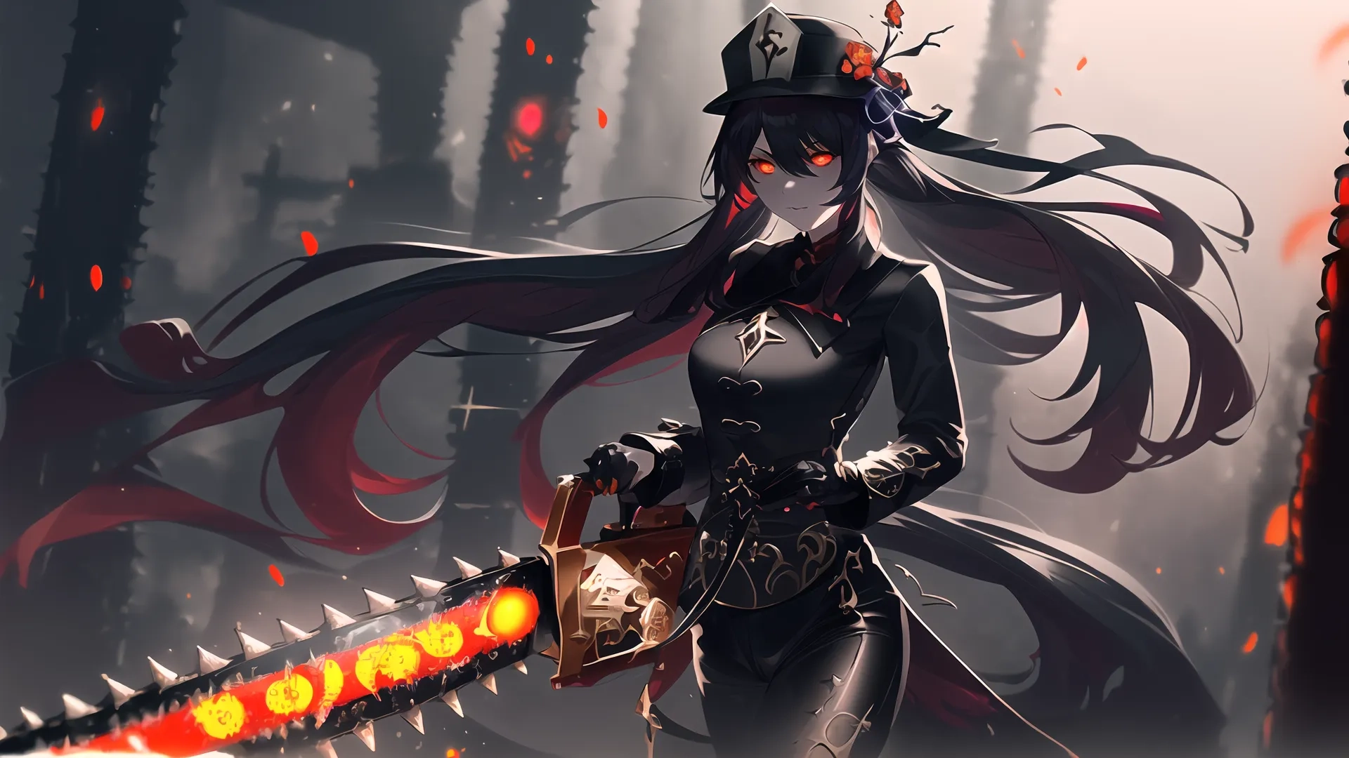 a demonic woman is holding a chainsaw wearing a hat and wearing black clothes with long red eyes, standing in the woods with blood on the background
