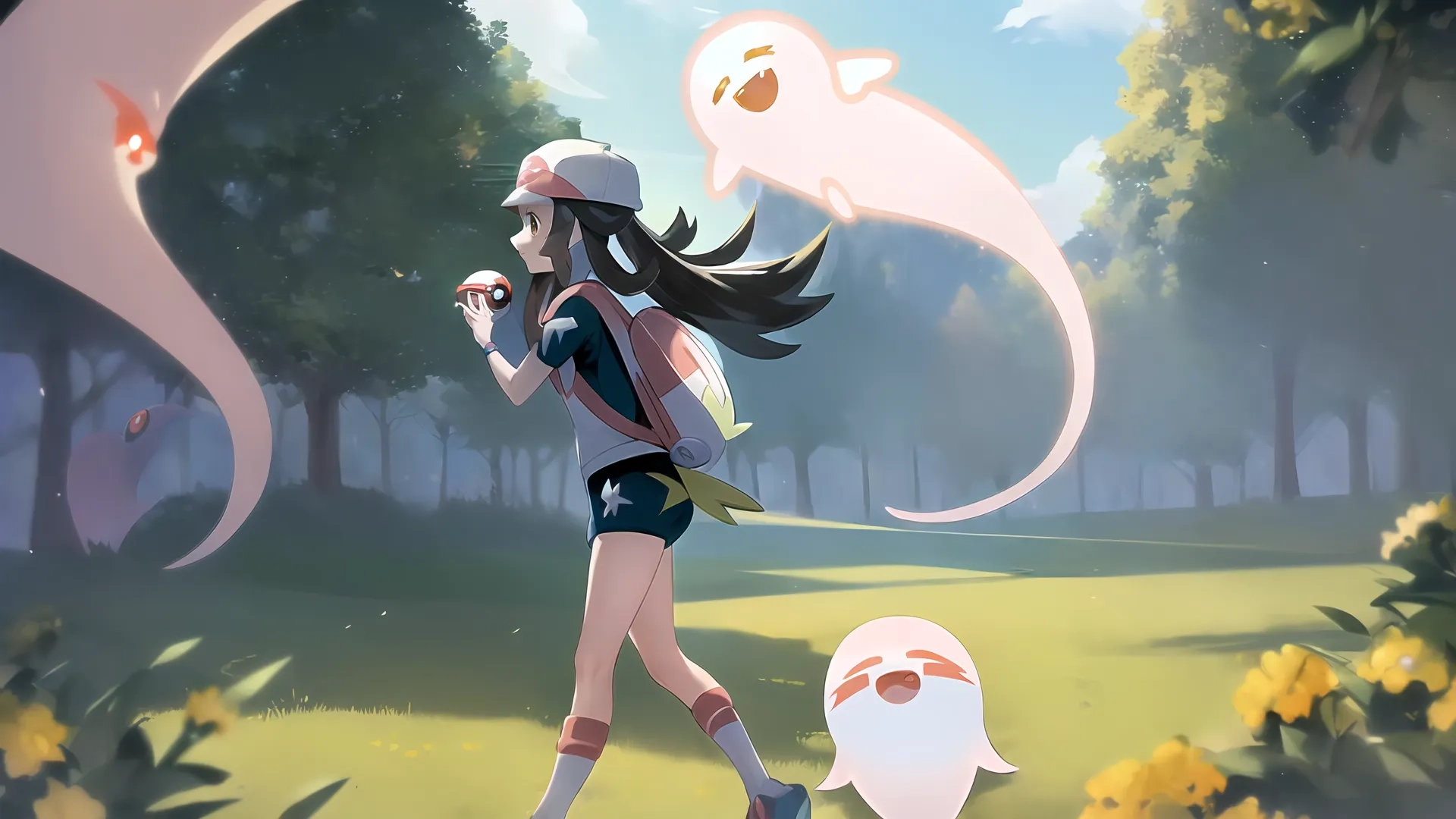 girl carrying a baseball bat in grass with ghost ghosts nearby and trees behind her behind her in the background, sunlit evening and blue sky,
