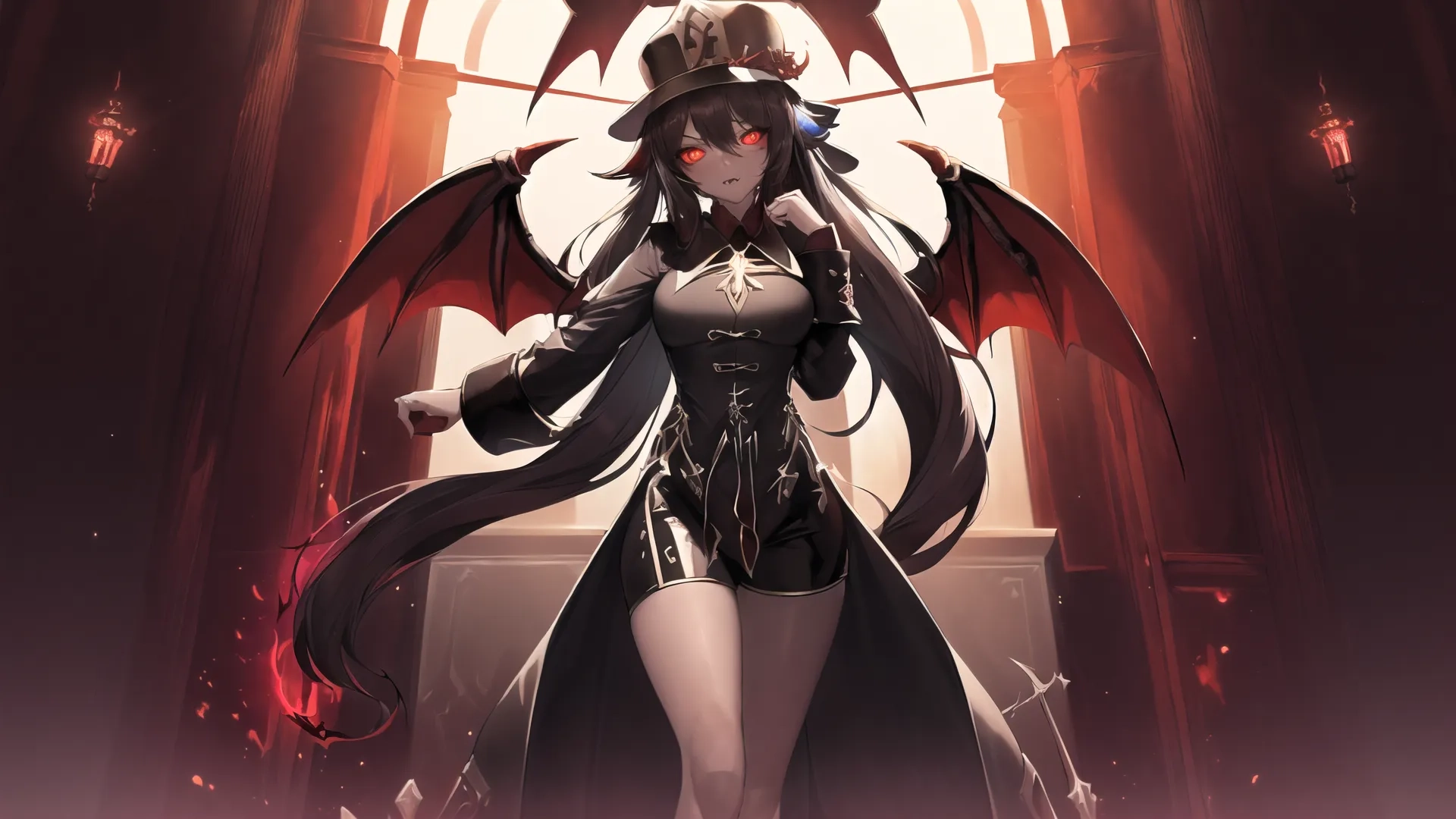 there is a woman dressed in black in a long dress and hat holding her hand in the air on a red background in this illustration depicts a demon background
