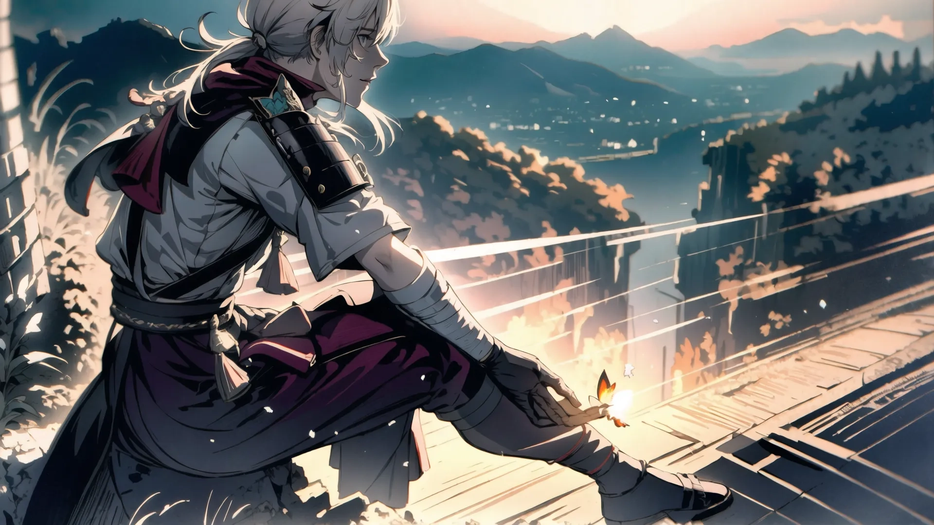 an anime - style image of the girl sitting on a bridge overlooking mountains and water with a light behind her and orange lights above it and blue
