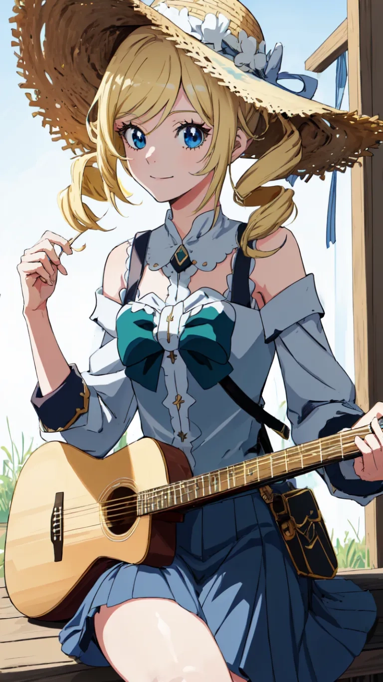 a cute girl with blue eyes playing an acoustic guitar, sitting on a ledge with grass and fence in the background and sundrelle sky,
