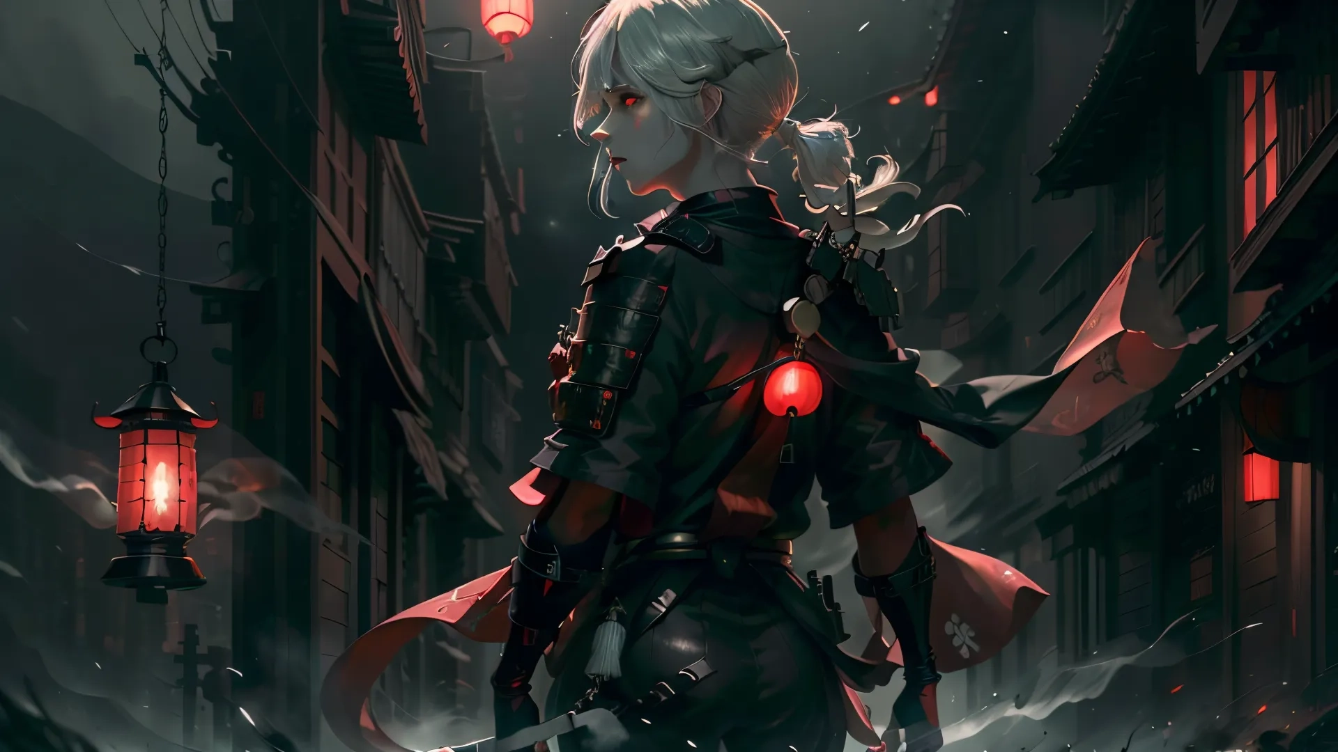 a woman with white hair looking out into a small town lit by lanterns and lanterns in the sky at night time at dusk in the city by some buildings
