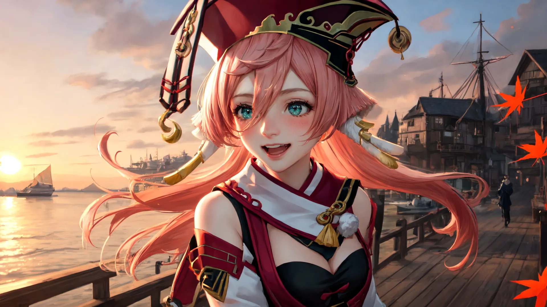a cute anime girl wearing a costume with two sailor hats at the beach in autumn time by the water and a boat is docked in the distance
