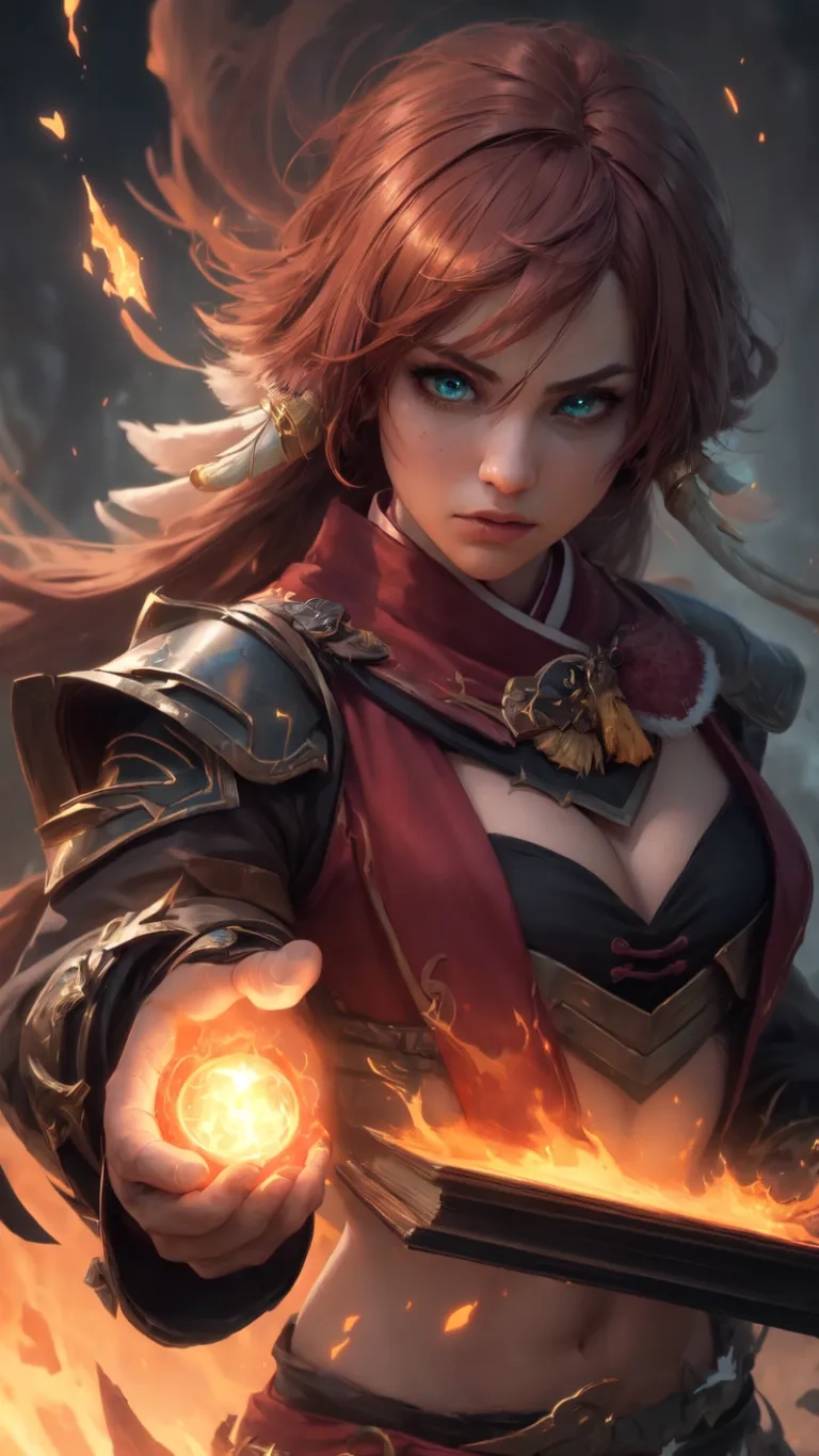 firegirl art from mobile legends on devin com featuring a glowing sword and armor, both in a photo with flames behind her shoulder length outstretched
