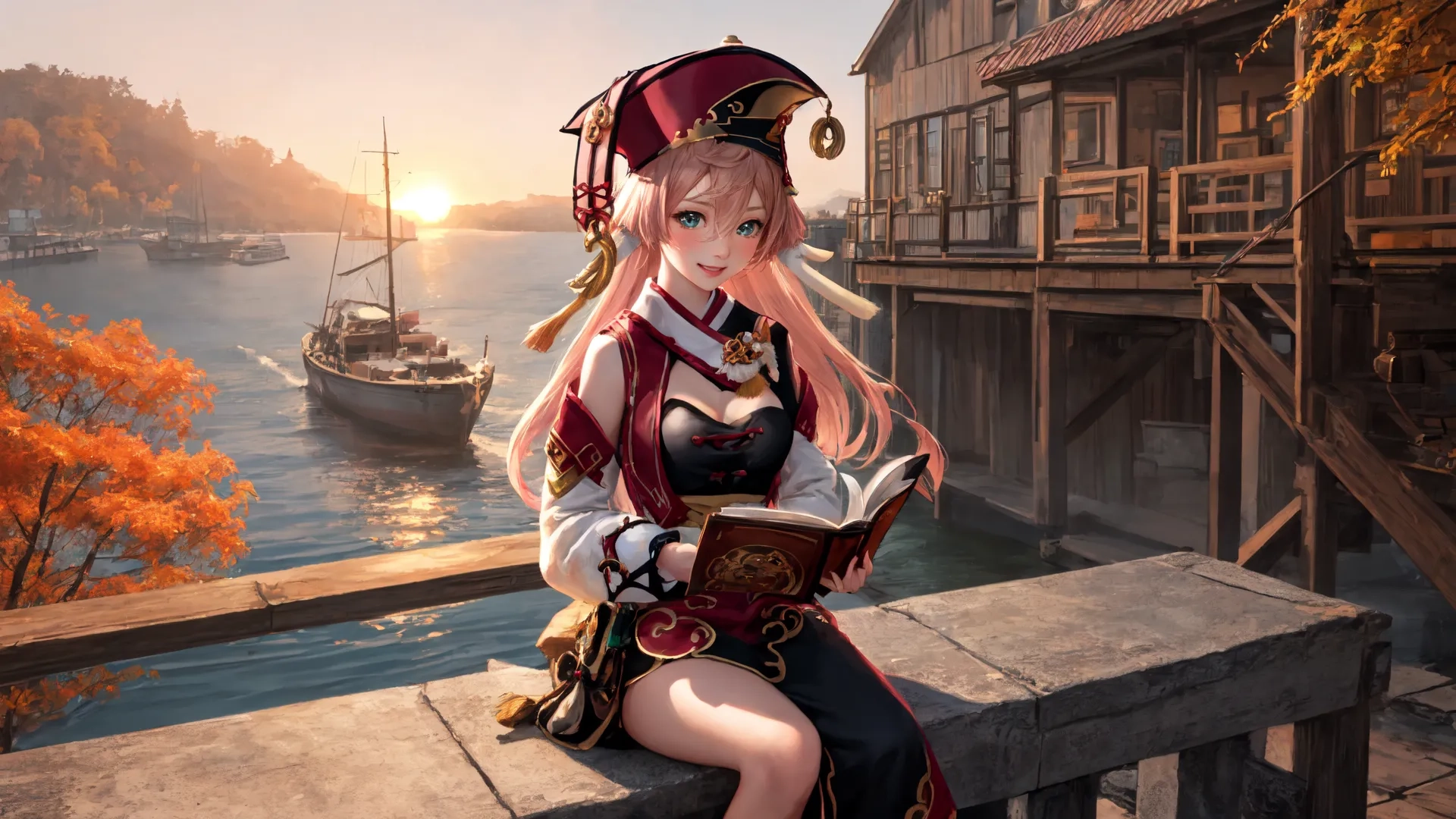 a girl sits on a stone ledge overlooking a body of water and a house with tall wooden towers and bridges with boats in the background in various directions
