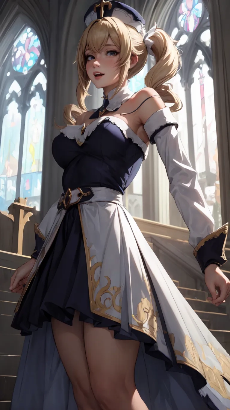 a anime girl dressed up in a black and blue dress and white top, and holding a dagger in one hand and wearing headgear with one piece

