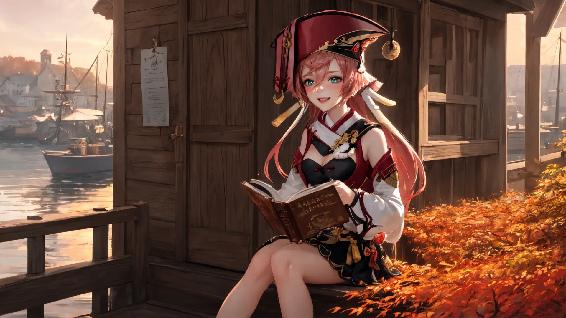 a woman sitting on a dock reading a book with a harbor in the background and a ship sailing in the ocean in the background text under that says, you want to get one day?
