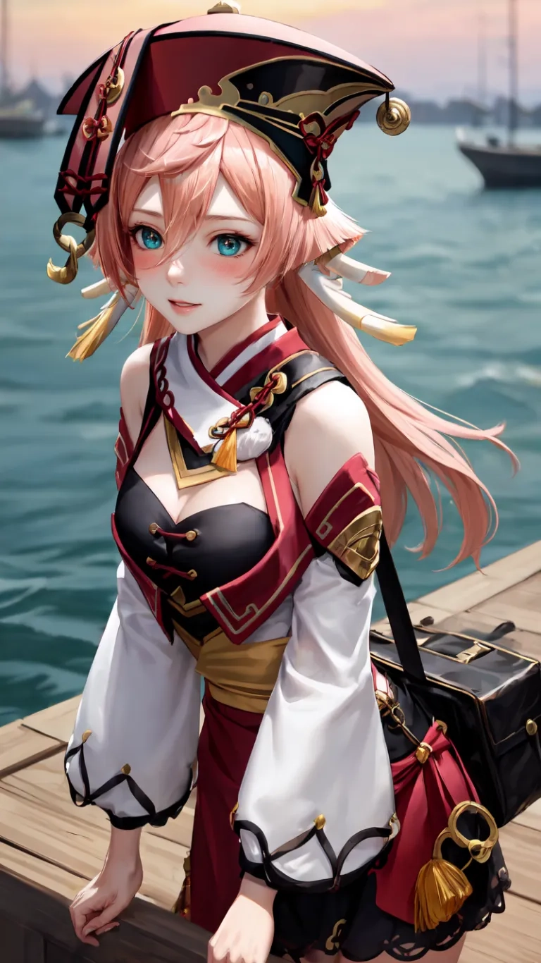 a woman with huge cleavage dressed in pirate style dress standing on wooden deck next to blue water with boats in background and pink sky with clouds - toned colors
