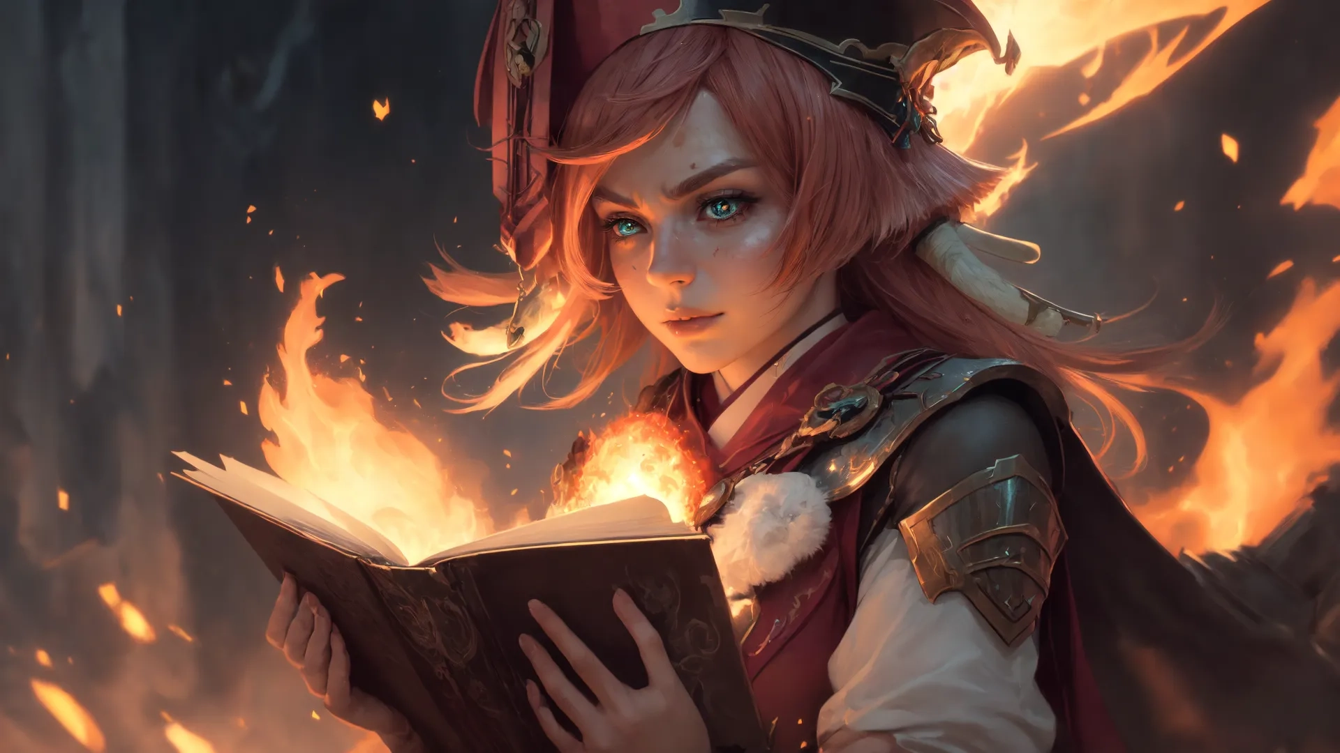 a beautiful young woman holding an open book in front of burning flames, with flames coming out of the pages behind her and she is wearing a red

