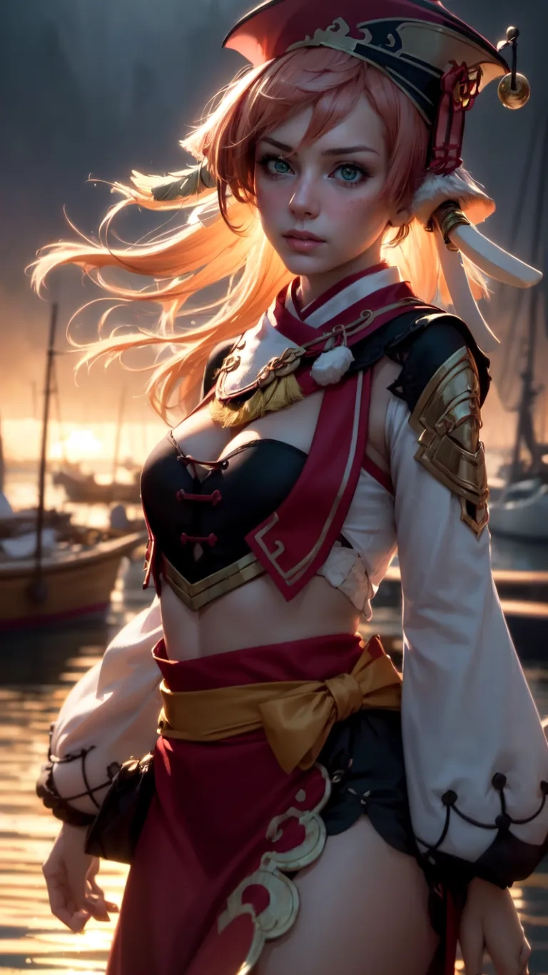 sexy women in pirate style clothes posing at sunset with her arms crossed and hat held up in the wind while on boats are docked in the water
